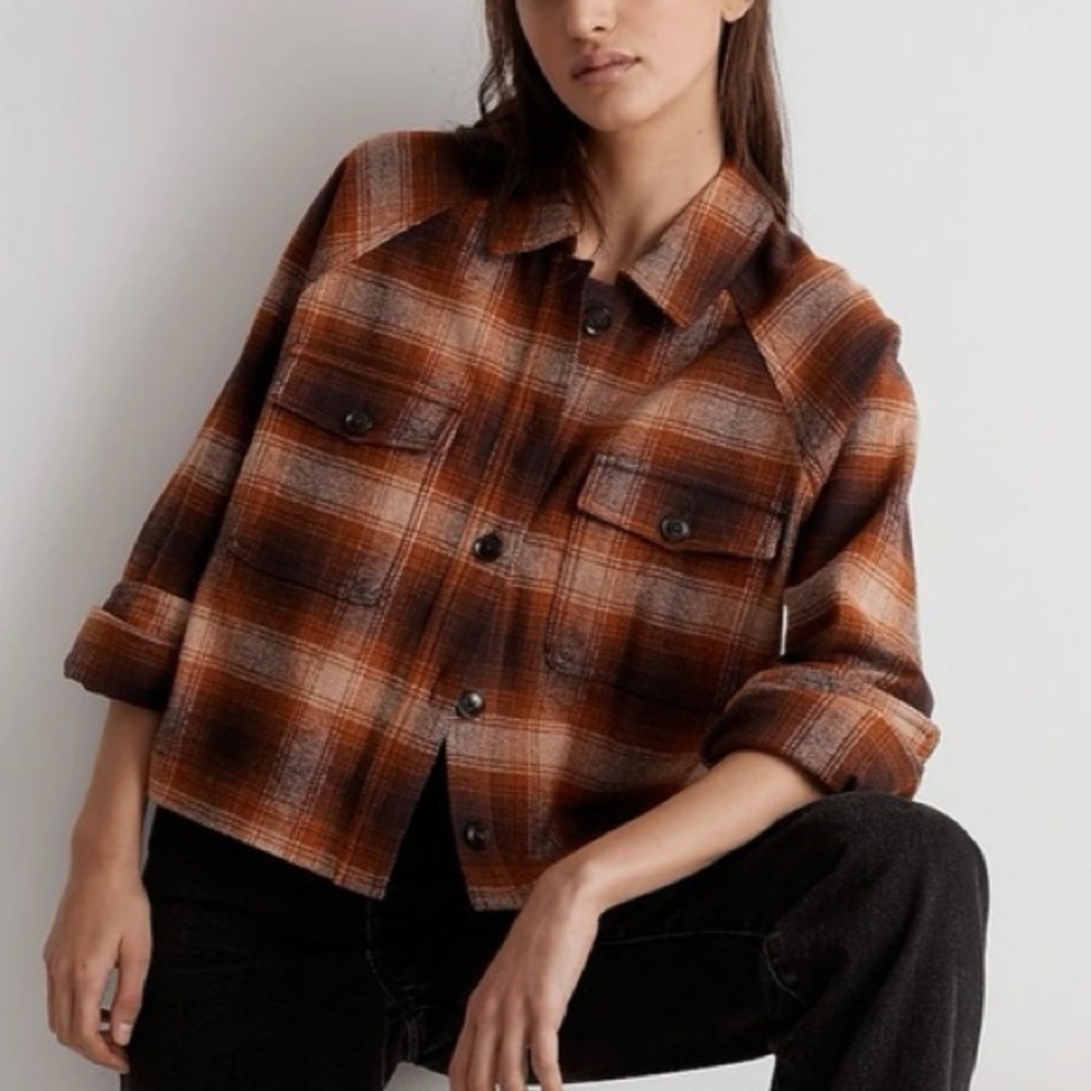 Madewell Flannel Crop Shirt-Jacket in Plaid -Size Small -Orange, Brown